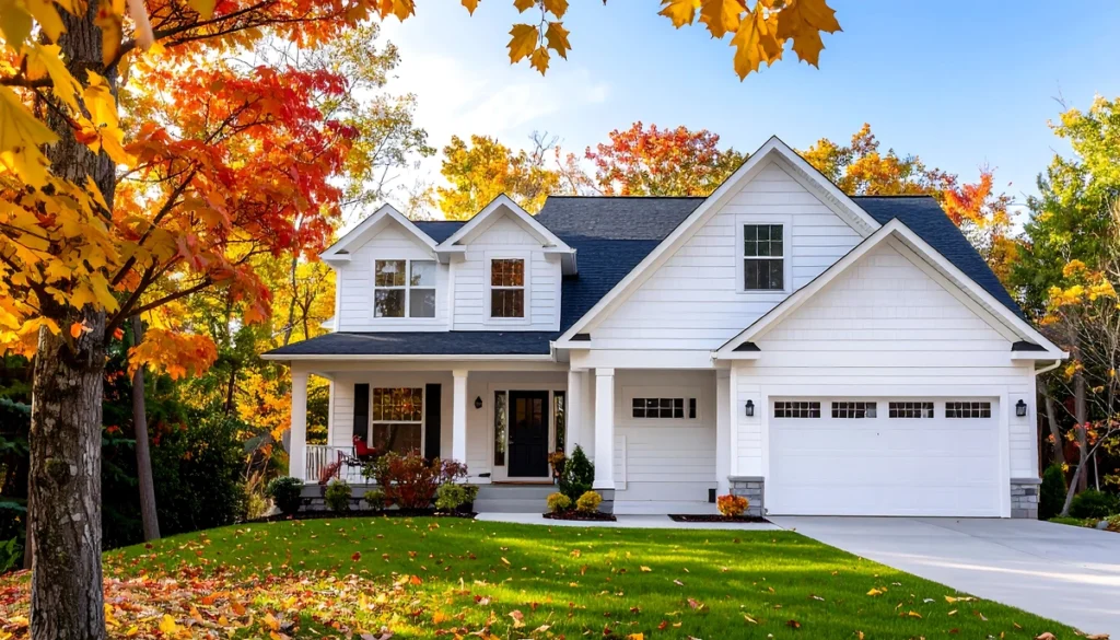 Front view of white residential home in Fall